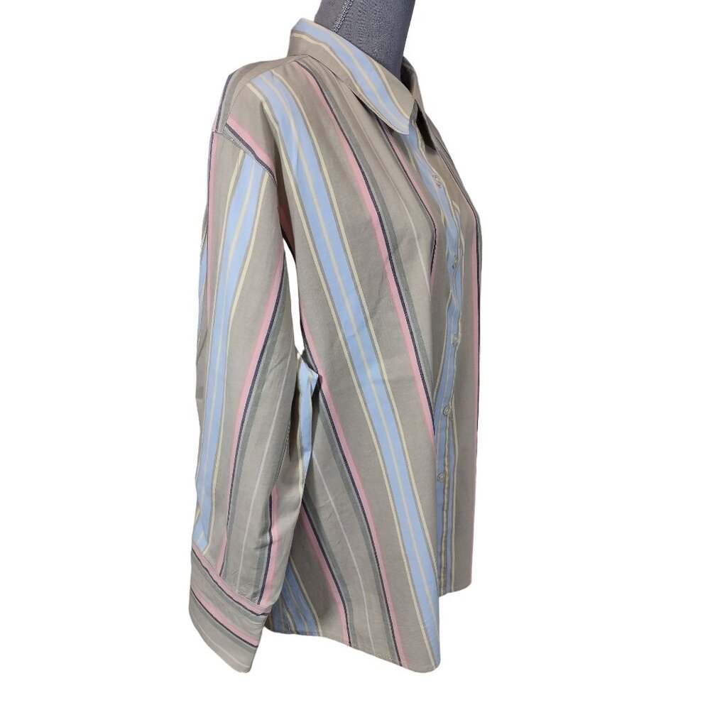 Good Clothes Woman Button Up Shirt Tan Striped Collared Top Lagenlook Plus 3X